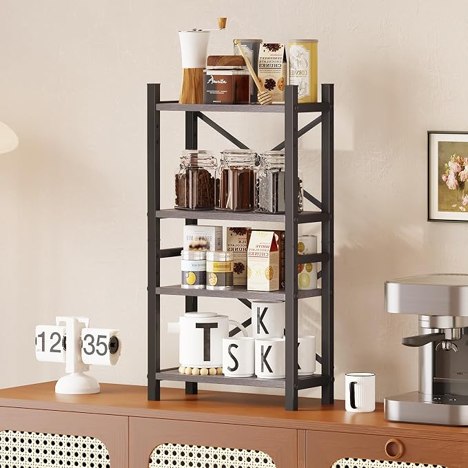 Desktop Bookshelf, 4-Tier Stackable Narrow Bookcase, Adjustable Industrial Desk Organizer & Hutch - Rustic Brown Wood Desktop Book Organizer for Living Room, Bedroom & Home Office