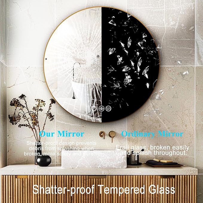Round Bathroom Mirror with Lights, 28x28 Inch Vanity Mirror with Backlit, Anti-Fog, 3 Colors and Stepless Dimmable Wall Mounted Makeup Mirror with Metal Frame (Gold)