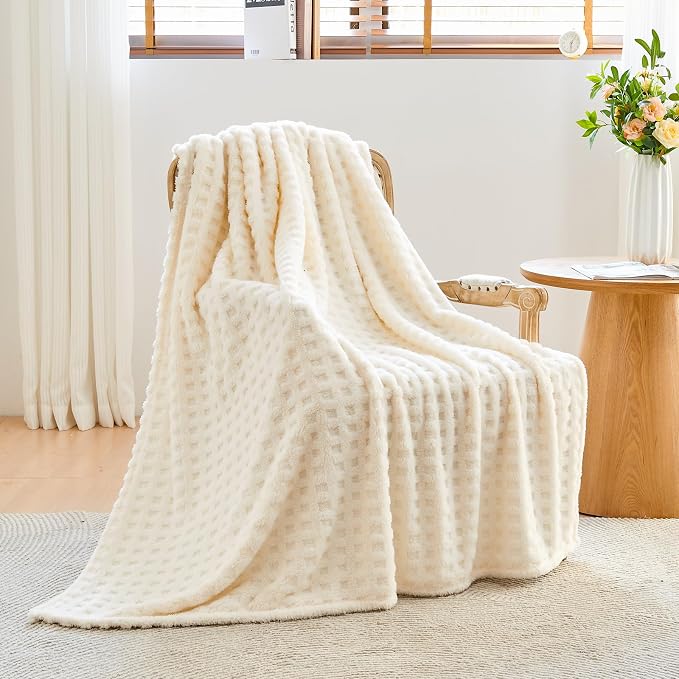 NEWCOSPLAY 3D Waffle Checkered Flannel Queen Blanket, Ivory, 90"x90" | Super Soft Cute Lightweight Decorative Premium Silky Fleece Blanket for Couch Sofa Bed, Gift for Women Men, All Season Use