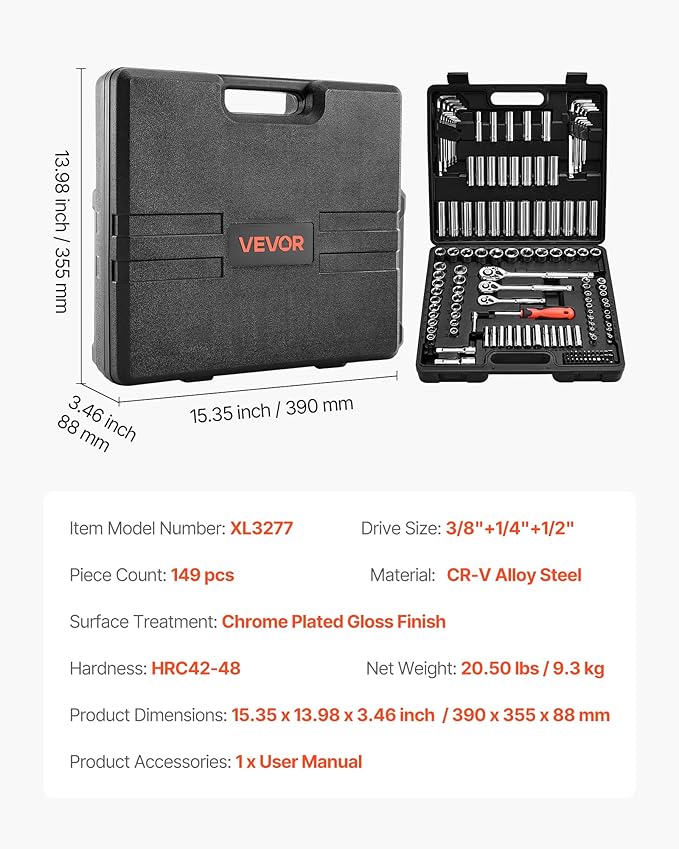 VEVOR Socket Set, 149 Pieces, 3/8 & 1/4 & 1/2 inch Drive Socket and Ratchet Set, SAE and Metric, Deep and Shallow, Mechanic Tool Kit with Bits, Accessories, Storage Case, CR-V Alloy Steel, for Repair