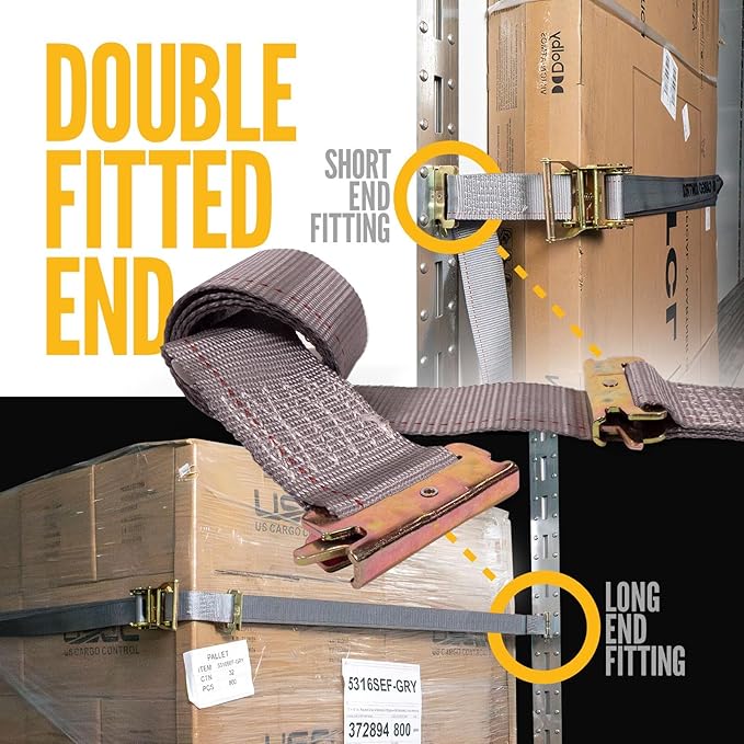 US Cargo Control Double-Fitted E Track Straps 2" x 16' (10 Pack), 4,400 LBS Break Strength, Gray Heavy Duty E Track Ratchet Straps with 3 Spring E-Fittings, Versatile 2-in-1 Logistic Tiedowns