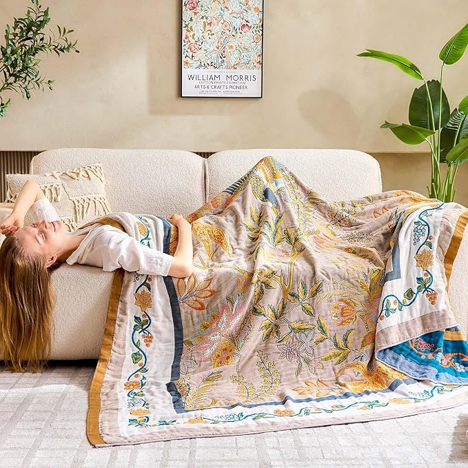 XIBLC Boho Blanket, 100% Cotton Farmhouse Decorative Throw Blanket, 80"x90" Reversible Bohemian Throw Blanket, Brown All Season Muslin Breathable Woven Blankets Quilt