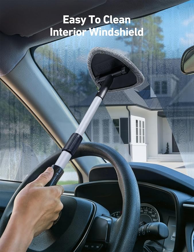 AstroAI 21" Extra-Long Windshield Cleaner Tool, Car Interior Detailing Cleaning Kit with Extendable Handle and 4 Upgraded Reusable Microfiber Pads, Auto Glass Wiper Brush Kit for Cars, Gray