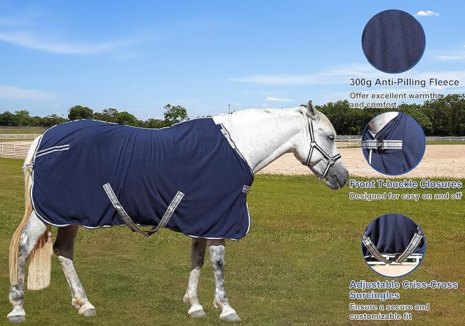Horse Fleece Cooler, Blanket Liner - 300g Anti-Pilling Fleece, Moisture-Wicking, Cooling & Drying for Post-Workout, Bath & Travel, Prevent Overheating & Chilling Navy 75
