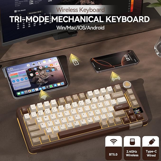 SOLAKAKA A75 PRO 75% Wireless Mechanical Keyboard with Screen and Knob, Tri-Mode Hot Swappable Gaming Keyboard, RGB Backlit Gasket Creamy Pre-lubed PBT Computer Keyboard for PC/Mac/Win,Brown