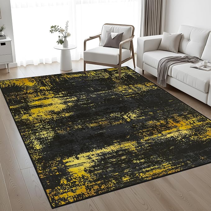 5x8 Area Rug Living Room Rug: Washable Modern Abstract Soft Thin Rug Indoor Floor No Slip Carpet for Bedroom Dining Room Farmhouse Nursery Home Office - Dark Black Gold