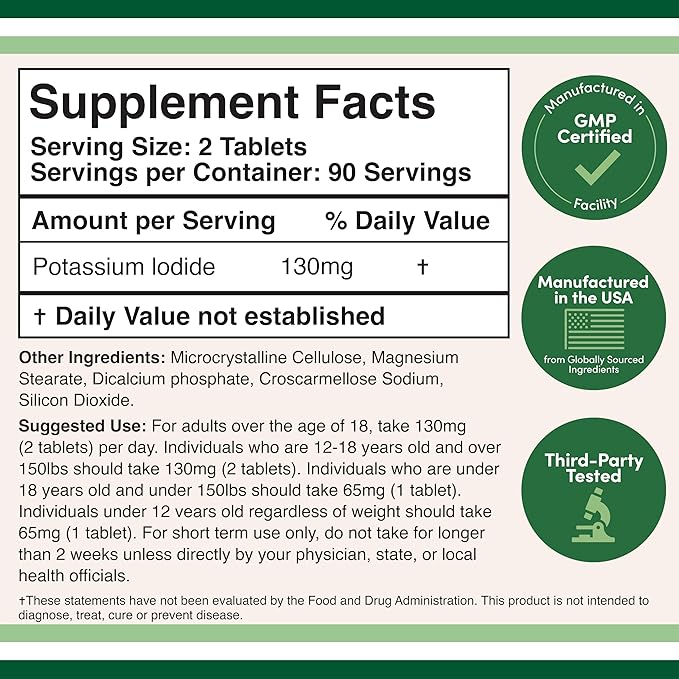 Potassium Iodide 130mg Tablets - Emergency Use for Exposure - 180 Count, 3 Month Supply - Double Wood Supplements