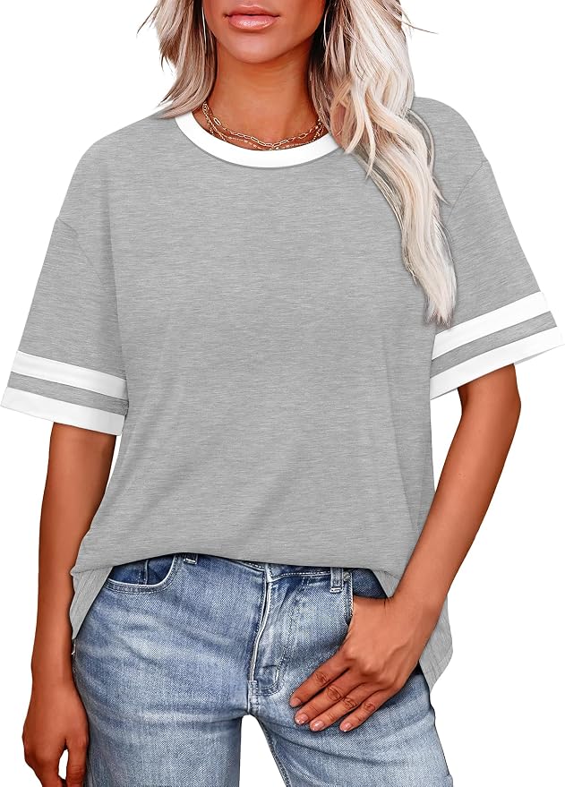 WIHOLL Womens T Shirts Loose Fit Short Sleeve Tees Crew Neck Color Block Summer Tops 2026 Fashion