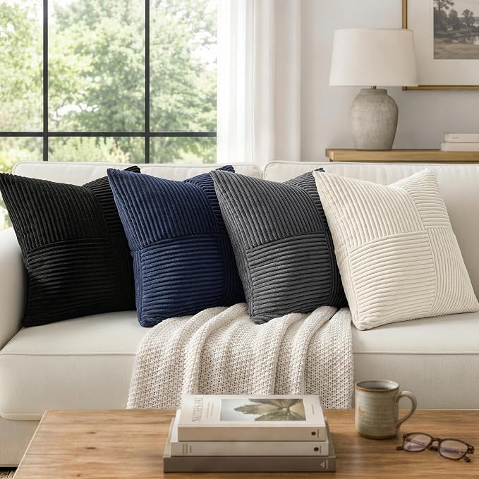 MIULEE Black Decorative Throw Pillow Covers for Couch 16x16 Inch | 2 Pack, Boho Farmhouse Pillow Covers, Soft Cross Corduroy Patchwork Textured Cushion Cases For Bed Sofa