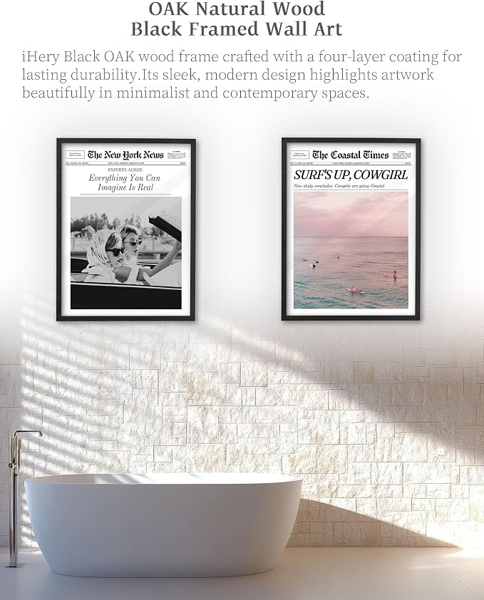 iHery 12x16in Surf’s Up Cowgirl Black Framed Newspaper Wall Art | Premium Black Natural OAK Wood Frame with Canvas Print, Coastal Cowgirl Decor for Bedroom, Dorm, Living Room 1Pack