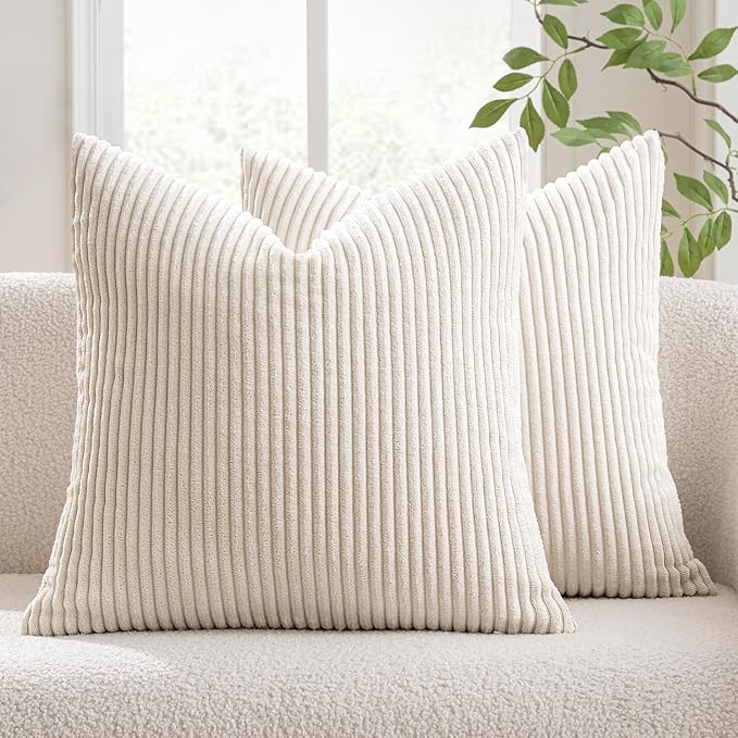 MIULEE Decorative Corduroy Throw Pillow Covers Set of 2 16x16 Cream White | Soft Striped Textured Cushion Cases, Boho Square Pillowcases Neutral Home Decor, for Couch Chair Sofa Bed Living Room