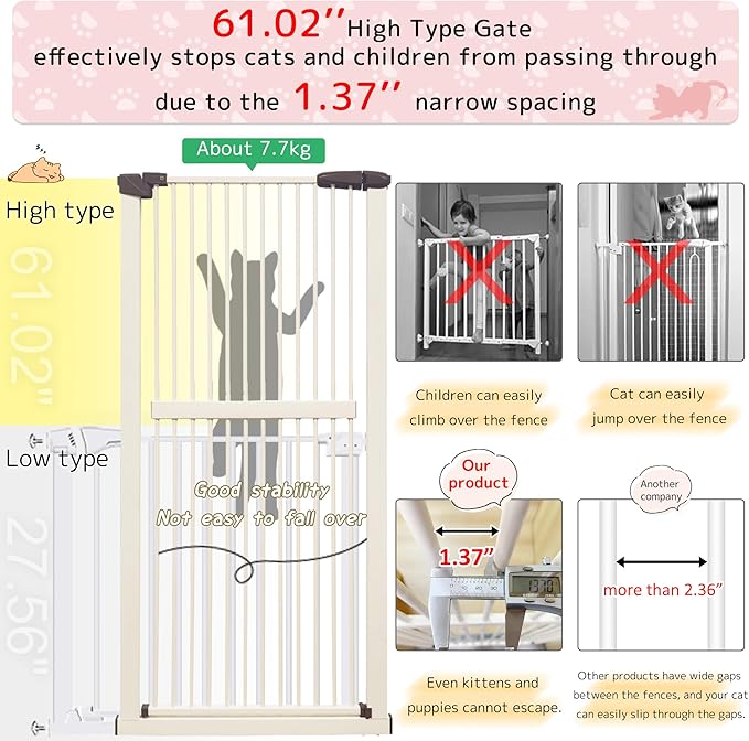 Lumizone Extra Tall Cat Gate 61.02" High Pressure Mounted Extra Wide 34.06"-38.38" (17Sizes) 1.37" Gap No Drilling Auto-Close Tall Pet Gate for Dogs (Cream, 34.06"-38.38" W)