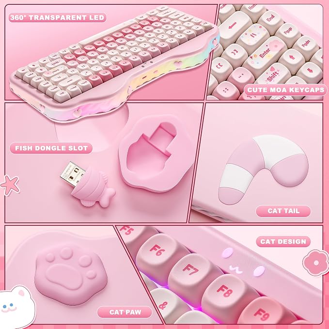 YUNZII C75 Cute 75% Wireless Mechanical Keyboard (Pink, Candy Switch) | Creamy Cake Keyboard, BT5.0/2.4G/USB-C, Hot-Swap, NKRO, PBT MOA Keycaps,5500mAh RGB Gasket Mount for Mac/Win/Gaming/Office