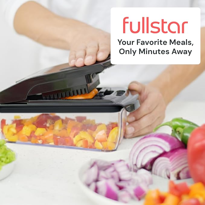 Fullstar Pro Original Vegetable Chopper Kitchen Prep Tool | 2 in 1 Veggie Slicer, Onion & Fruit Cutter with Sharp Stainless Steel Blades & Container, All-in-One Food Prep Tool (Black)