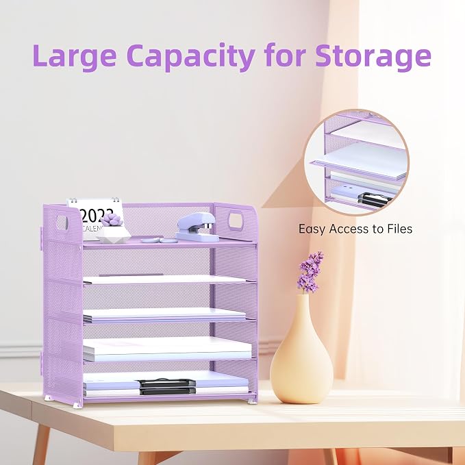 2 Pack 5-Tier Purple Desk Organizer with Handle Mesh Desk File/Paper Organizer Letter Tray for Office, School and Home Easy Installation Purple Office Supplies