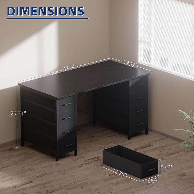 Pamray 47 Inch Computer Desk with 8 Fabric Drawers for Home Office Work | Ample Storage, Space-Saving, Suitable for Home Office Bedrooms Dorm Living Rooms for Study, Writing, Work