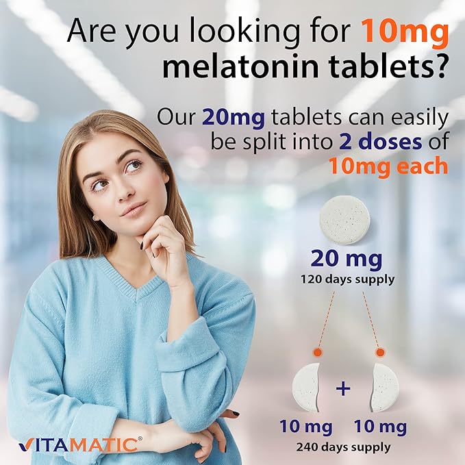Vitamatic Melatonin 20 mg Tablets | Vegetarian, Non-GMO, Gluten Free | HIGH Potency 20 MG | Natural Berry Flavor (1/2 Tablets = Melatonin 10 mg) (120 Count (12 Pack Wholesale Buy))