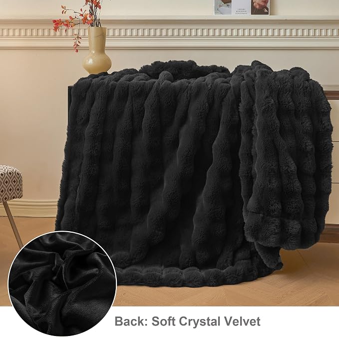 LIFEREVO Luxury Fluffy Faux Rabbit Fur Throw Blanket 60x80, Black | Plush Fuzzy Bubble Lap Throw for Couch Sofa Office, Soft Cozy Furry Bed Blanket Home Decoration, Washable & Skin-friendly