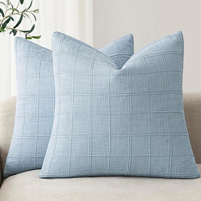 Foindtower Set of 2 Decorative Linen Check Throw Pillow Covers Neutral Farmhouse Vintage Cushion Covers Modern Boho Accent Home Decor for Sofa Chair Couch Bedroom Living Room,18×18 Inch,Sky Blue