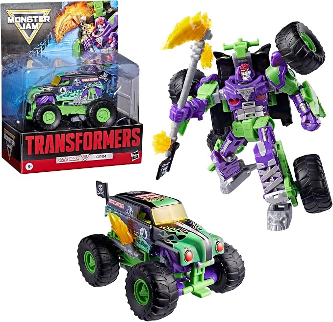 Transformers Collaborative x Monster Jam Grave Digger (Grim) | Leader Class 9.25-inch Robot Action Figure Converts to Monster Truck, Car Toys for Ages 8+