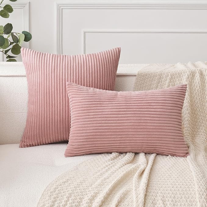 MIULEE Decorative Corduroy Throw Pillow Covers Set of 2 18x18 Blush Pink | Soft Striped Textured Cushion Cases, Boho Square Lovely Cute Pillowcases, Home Decor for Couch Chair Sofa Bed Living Room