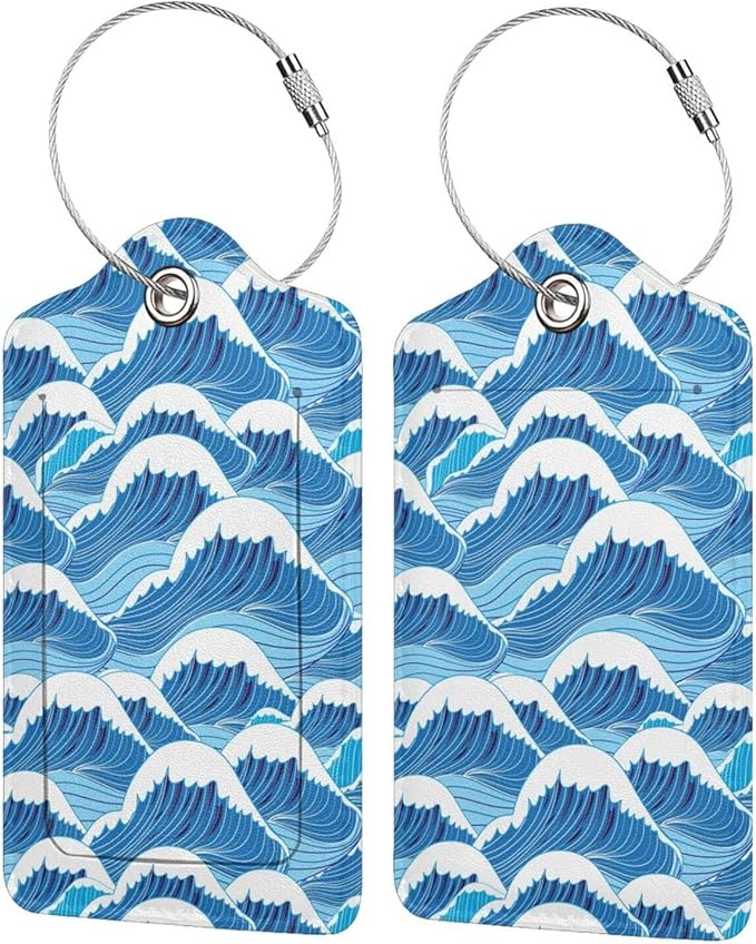 2PC Cartoon Waves Luggage Tag, Cute Blue Sublimation Printed Travel Suitcase Baggage Identifiers Tags for Women Men Kids Honeymoon Wedding Gift