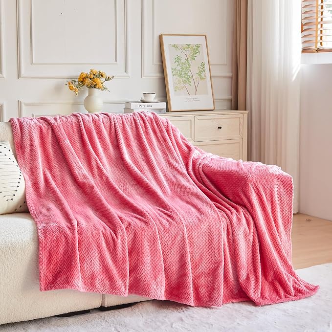 NEWCOSPLAY Fleece Leaves Pattern King Blanket, Coral Pink, 90"x110" | Super Soft Throw Blanket, Lightweight Cozy Bed Sofa Blanket, Premium Silky Flannel Fleece, Travel Blanket for All Season Use