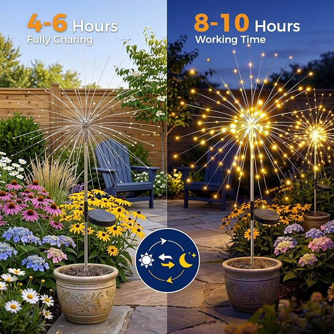 btfarm 8 Pack Solar Garden Lights, Firework Lights Solar Powered-Warm White | 120LED 8 Mode Waterproof Twinkle Fairy Light Outdoor Outside for Yard Pathway Lawn Pool Patio Christmas Decorative