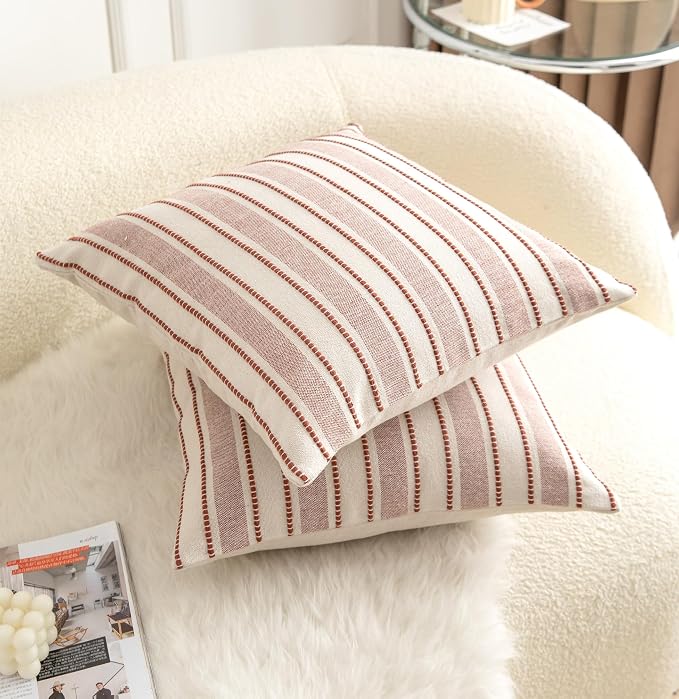 Cethom Decorative Boho Throw Pillow Covers, Farmhouse Textured Pillow Case, 18 x 18 Inch Set of 2, Chair Sofa Bedroom Living Room Home Decor Couch Cushion Case, Rust and Beige Striped