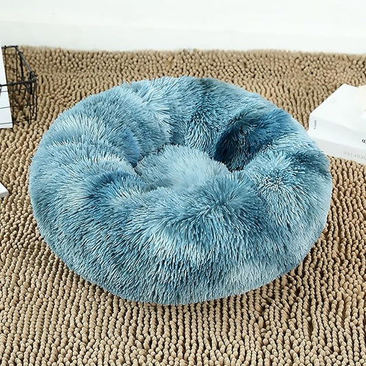Calming Dog Bed for Small Dogs, Calming Donut Cuddler Pet Bed Anti Anxiety Round Dog Bed Fluffy Plush Faux Fur Cat Bed,Navy Blue,27.5IN