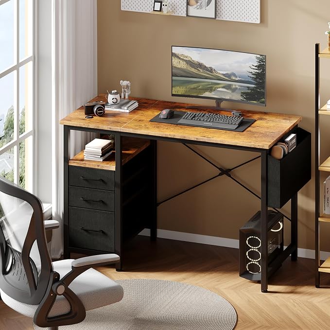 DUMOS 39 Inch Small Computer Desk with Storage, Fabric Drawers | Writing Table, Side Pocket, Space Saving Workstation, Home Office, Gaming Setup, Dorm Apartment, Rustic Brown