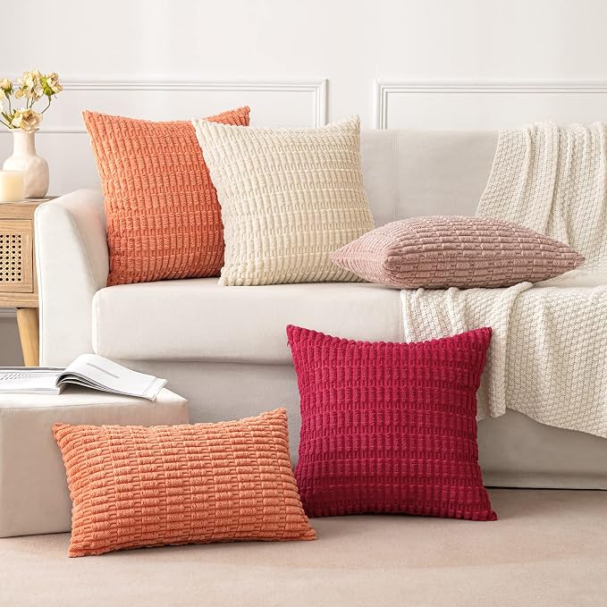 MIULEE Pack of 2 Corduroy Decorative Throw Pillow Covers 20x20 Inch Soft Boho Striped Pillow Covers Modern Farmhouse Home Decor for Summer Sofa Living Room Couch Bed Coral