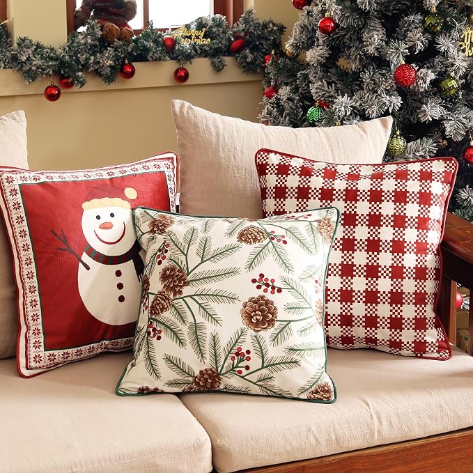 French Chrismas Velvet Throw Pillow Cover,Set of 4-Carol ABCF | Vintage Elegant Pillow Cover,Concealed Zipper Design,Pinecones Pattern,Sofas,Bedroom,Living Room,Lounge Chairs