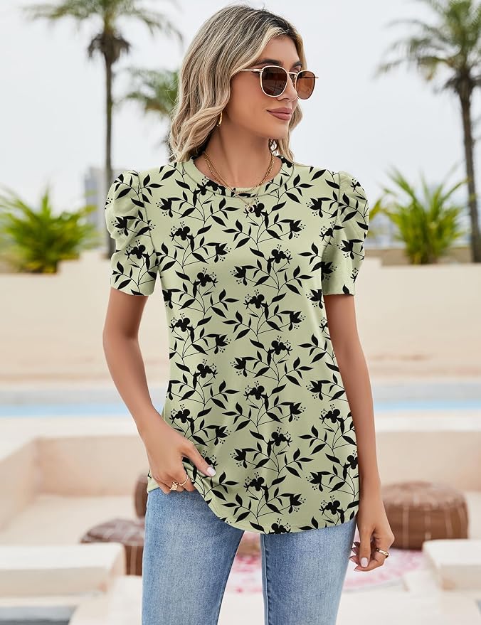 Ivicoer Puff Short Sleeve Shirt for Women Eyelet Tops Summer Crewneck Blouse Loose Fit S-XXL
