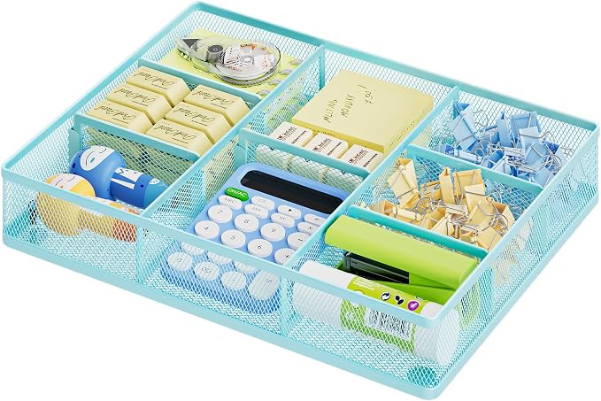 Marbrasse Desk Drawer Organizer, Metal Mesh Drawer Organizer Tray with 5 Adjustable Compartments,Desk Organizers and Accessories for Home,Office,Kitchen,Makeup,Vanity (Blue)