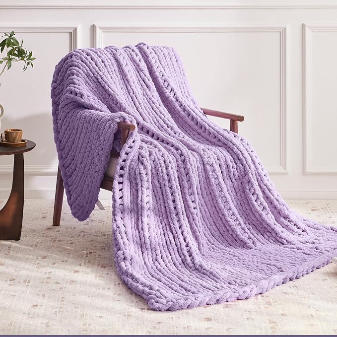 Negwoo Chunky Knit Throw Blanket, Knitted Throw Chenille Yarn, 40"*50" | Soft Thick Cable Knitted Blankets, Handmade Big Thick Blanket,Machine Washable Cute Comfy Blanket for Home Decor,Light purple