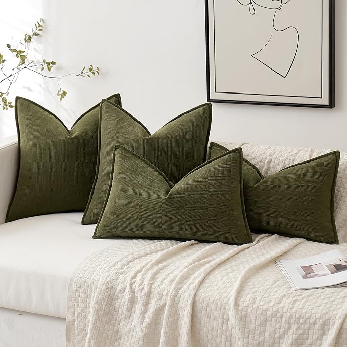 MIULEE Pack of 2 Olive Green Decorative Chenille Pillow Covers 16x16 Inch | Soft Couch Throw Pillows,Farmhouse Cushion Covers with Elegant Design for Sofa,Bedroom,Living Room,Spring Home Decor