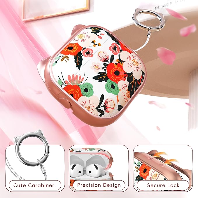 for AirPods 4 Case with Cleaning Kit, Cute Cat Ear Print Design & Cute Buckle, Inverted Phone Holder Design, Top Safe Lock Buckle Design, for Girls AirPods 4 case 2024, Rose Gold Flower