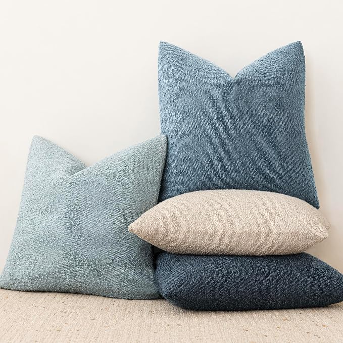 Foindtower Pack of 2 Textured Boucle Throw Pillow Covers Accent Solid Decorative Pillow Cases Cozy Woven Couch Cushion Case for Sofa Bedroom Living Room Home Decor 20x20 Inch Misty Blue