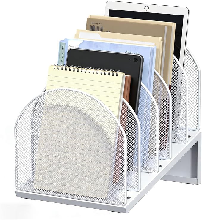 gianotter Desktop File Organizer with 5 Compartments | Desk Organizer Paper Organizer for Desk Workspace Organizers for Office Supplies (White, Inclined Style)