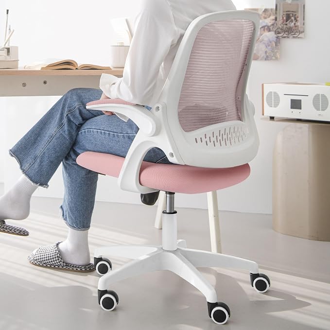NEO CHAIR Office Desk Gaming Ergonomic Computer Chair with Lumbar Back Support Adjustable Height Swivel Rolling Wheels Flip-up Arms Mesh Chair for Home Vanity (Pink) | Lumbar Support, Height Adjustment, 360° Swivel and Rolling Base, Space-Saving Design...