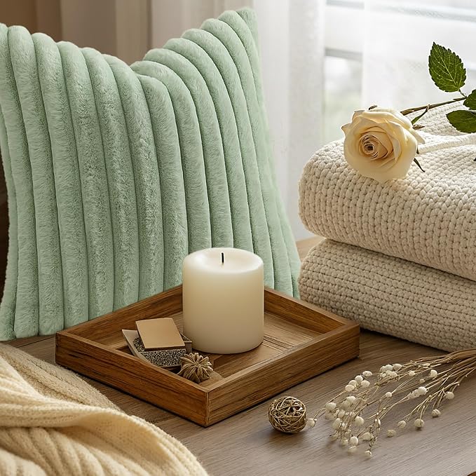decorUhome Fall Faux Fur Throw Pillow Covers 18x18 Set of 2 Sage Green | Decorative Soft Cozy Striped Plush Modern Farmhouse Boho Couch Pillow Cases Velvet Back for Sofa Bed Living Room Home Decor