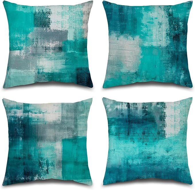 Teal Abstract Throw Pillow Covers 16x16 Set of 4 | Turquoise & Grey modern‑art cushion covers, aesthetic accent pillowcases for sofa, bedroom and chair