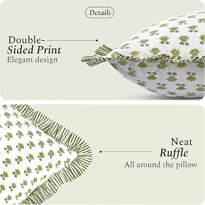 CPC Lotus Meadow Hand Block Print 100% Cotton Ruffle Throw Pillow Cover 24x24 inch with Hidden Zipper Decorative for Couch, Bed, Sofa, Farmhouse, Cottagecore Decor Gift Christmas Fall Thanksgiving