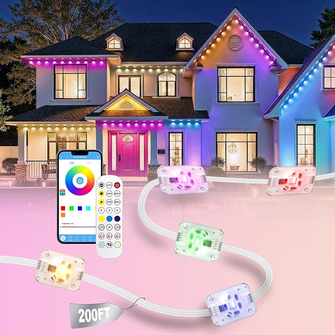 Permanent Outdoor Lights, 200ft RGB+IC Smart LED Eaves Lights, IP67 Waterproof Permanent Outdoor Lighting with App/Remote for Daily, Christmas, Halloween,Valentine's Day, Holiday, Party Outdoor Decor