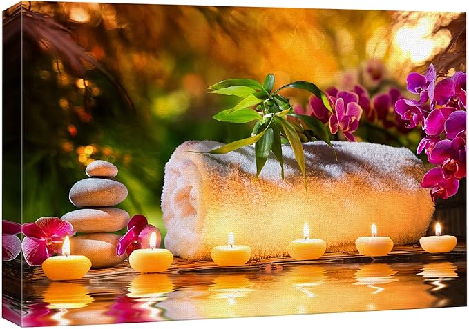 wall26 Canvas Print Wall Art Sunset Yoga Meditation Bath Towel Candle Orchids Nature Wilderness Photography Realism Rustic Landscape Colorful Multicolor for Living Room, Bedroom, Office - 12"x18"