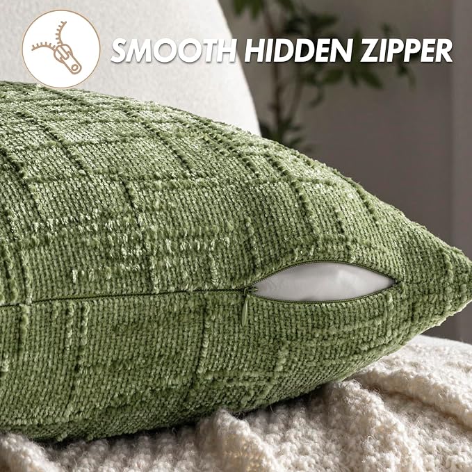 MIULEE Chenille Textured Throw Pillow Covers Sage Green 20x20 Set of 2 | Slubby Decorative Pillows, Boho Farmhouse Home Decor, Modern Neutral Cushion Covers for Couch Sofa Bed Living Room