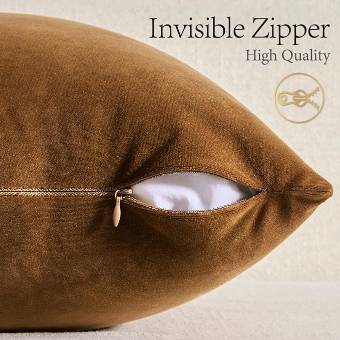 MIULEE 24x24 Inch Pack of 2 Euro Velvet Throw Pillow Covers Golden Brown | Soft Solid Decorative Euro Sham, Modern Luxury Home Decor, for King Bed Sofa Couch Bedroom Livingroom