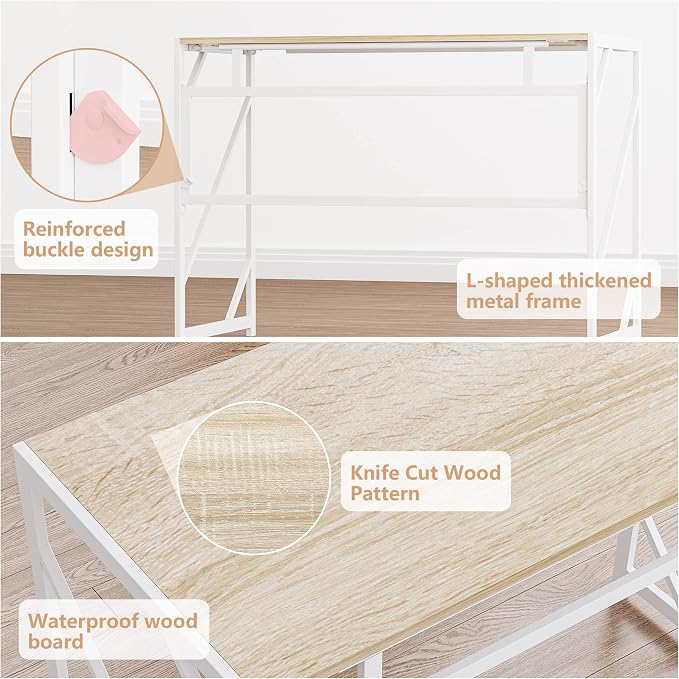Elephance Folding Desk Writing Computer Desk for Home Office No-Assembly | Study Office Desk,Foldable Table for Small Spaces,39.4 Inch,Beige