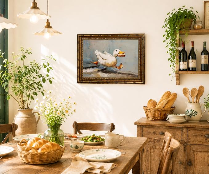 Gold Framed Funny Duck Wall Art Rustic Cottagecore Animal Wall Decor Print | Farmhouse Animal Painting Whimsical Duck Canvas Poster for Kitchen Bathroom Living Room Bedroom, 16x24 Inches